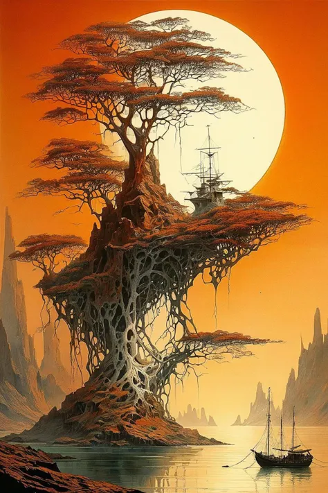 ocean, dark orange rock, (white tree:1.5), boat, huge light sun, fantastic style with intricate details, using vibrant colors and lighting to create a sense of depth and wonder, art by ZdzisLaw BeksiNski,
dagobahlnd <lora:DagobahLnd:0.7>, extremely high quality RAW photograph, detailed background, intricate, exquisite details and textures, highly detailed, ultra detailed photograph, warm lighting, artstation, sharp focus, high resolution, detailed skin, detailed eyes, 8k uhd, dskr, high quality, film grain, Fujifilm XT3