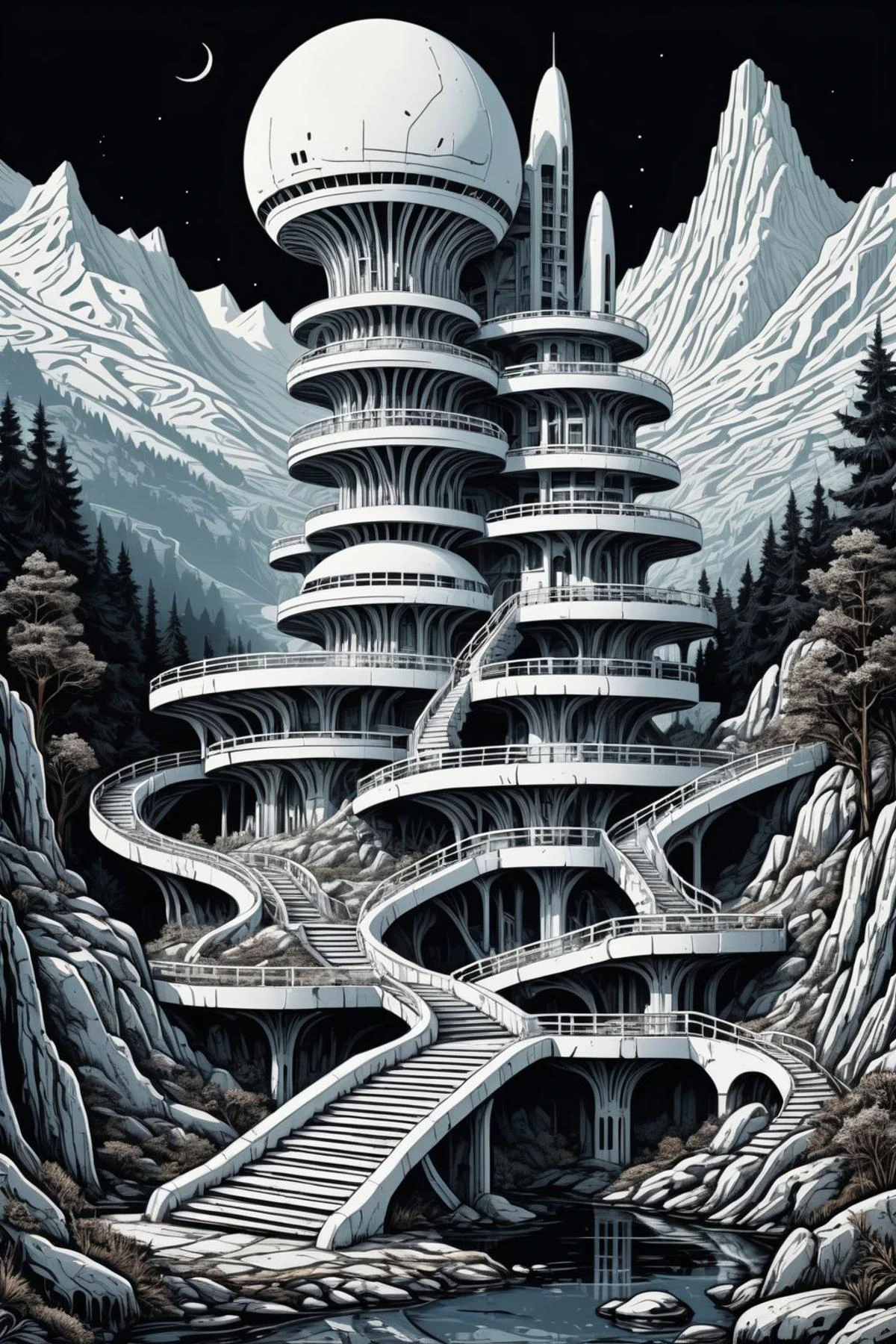 Linocut wasteland landscape of a white futuristic alien building whith staircase, mountain, black forest and river,
wastcity <lora:Wasteland_City_XL:0.1> dagobahlnd<lora:DagobahLnd:0.1>
detailed background, intricate, high quality exquisite details and textures, sharp focus, HDR, 8k high resolution