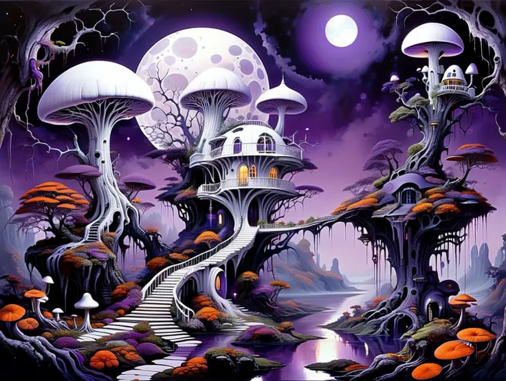 a surreal painting of a white tree house with a giant black mushroom, dark purple moon light from huge moon
dagobahlnd  <lora:DagobahLnd:0.5>
 <lora:Pandora Land XL:0.5> pandoralnd