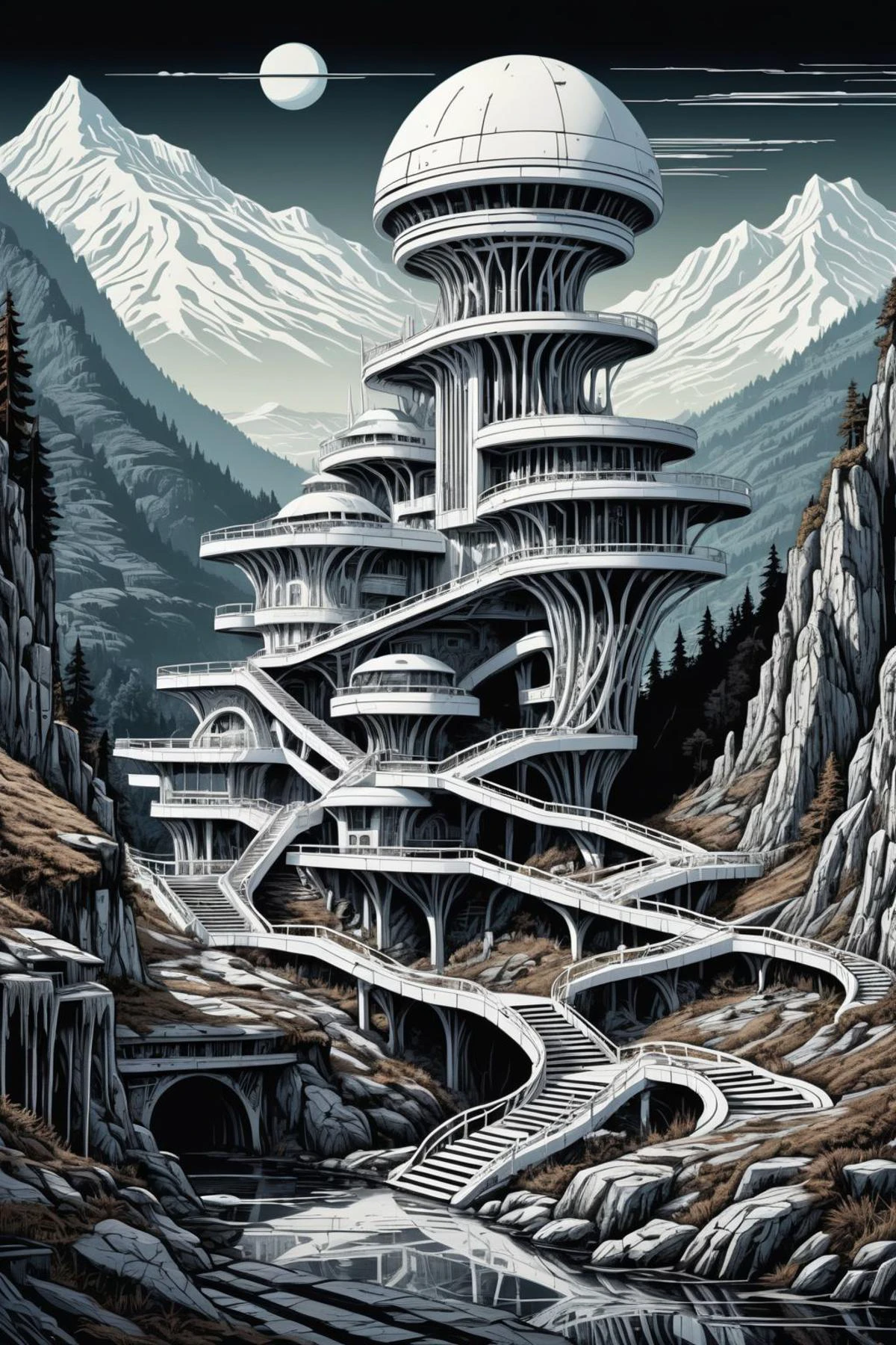 Linocut wasteland landscape of a white futuristic alien building whith staircase, mountain, black forest and river,
wastcity <lora:Wasteland_City_XL:0.1> dagobahlnd<lora:DagobahLnd:0.1>
detailed background, intricate, high quality exquisite details and textures, sharp focus, HDR, 8k high resolution