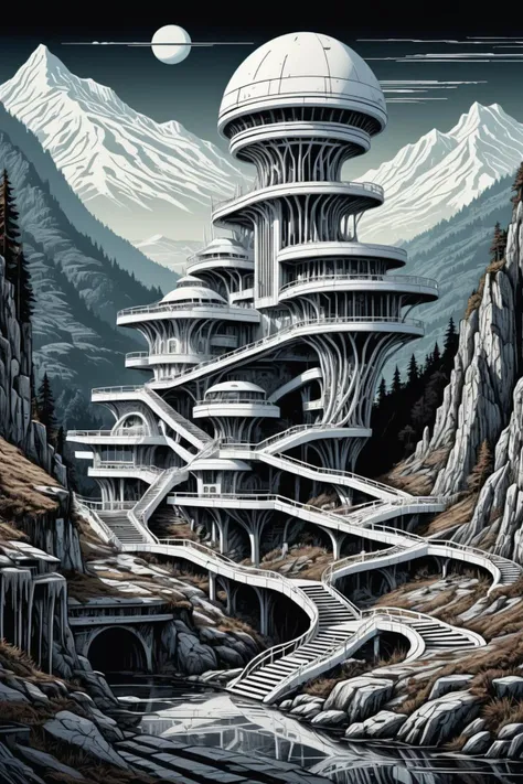 Linocut wasteland landscape of a white futuristic alien building whith staircase, mountain, black forest and river, 
wastcity  <lora:Wasteland_City_XL:0.1> dagobahlnd<lora:DagobahLnd:0.1> 
detailed background, intricate, high quality exquisite details and textures, sharp focus, HDR, 8k high resolution