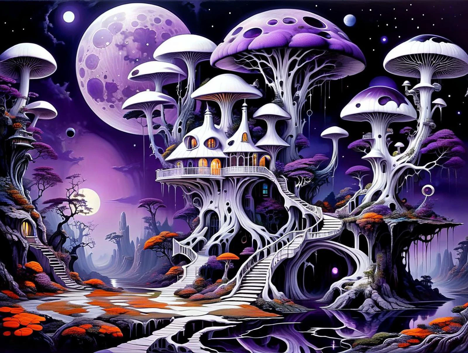 a surreal painting of a white tree house with a giant black mushroom, dark purple moon light from huge moon
dagobahlnd <lora:DagobahLnd:0.5>
<lora:Pandora Land XL:0.5> pandoralnd