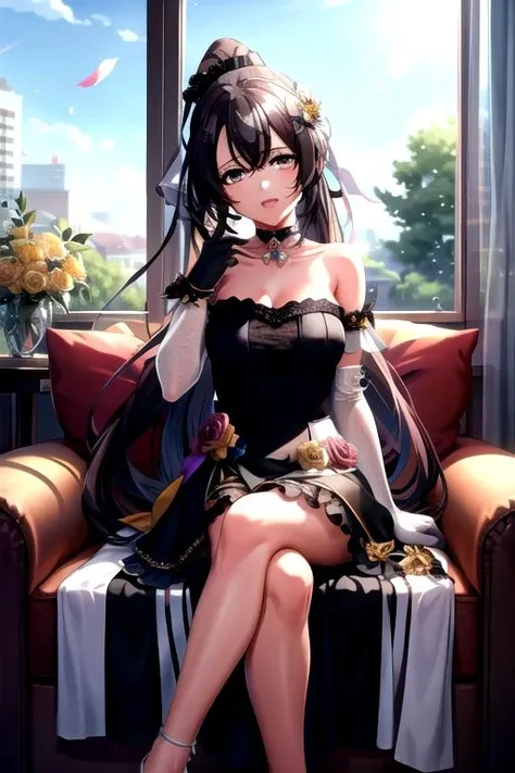 RUANMEI,Bangs,Long hair,skirt,Gloves,Hair between the eyes,Jewelry,Hair accessories,blue eyes,Black Hair,flower,black Gloves,blue skirt,indoors,bedroom,on the bed,A faint smile, 1 Girl,
, (masterpiece,best quality:1.2),absurd,whole body,Long legs,pretty feet,Bare legs,sexy,spread the legs,tall,thin legs