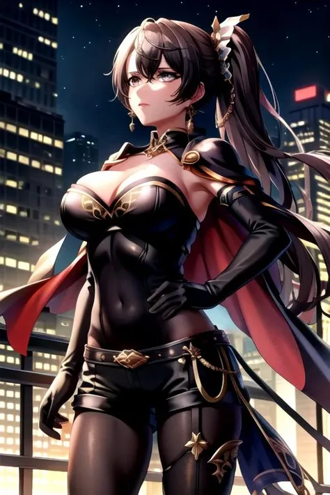 <lora:COAShano-04:0.75>, coashano, hair ornament, gloves, cleavage, jewelry, pantyhose, earrings, shorts, black gloves, elbow gloves, cape, side ponytail, hand on hip, building, city