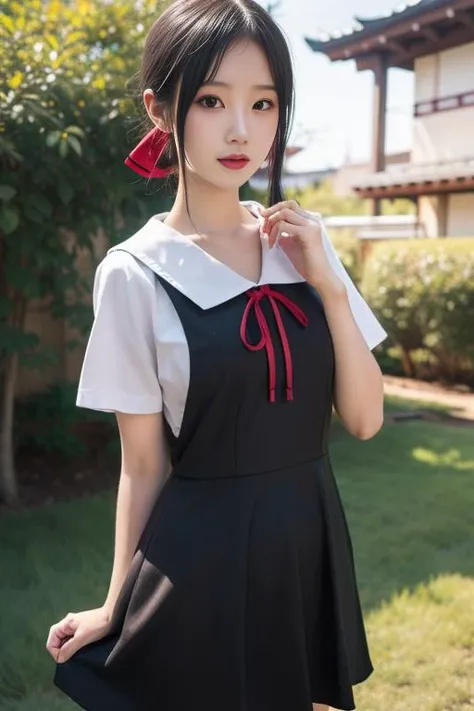 (realistic:1.3), finely detailed, quality, rembrandt lighting, (masterpiece:1.2), (photorealistic:1.2), (best quality), (detailed skin:1.3), (intricate details), dramatic, ray tracing, 1girl, japanese girl, 21 years old, detailed skin texture, (blush:0.5), (goosebumps:0.5), subsurface scattering, smiling, medium breasts, bbkaguya, short hair, folded ponytail, hair ribbon, parted bangs, neck ribbon, (red ribbon:1.1), pinafore dress, white shirt, short sleeves, cowboy shot, (bright sunny day, outdoors, summer scene, tokyo, park, flowers, bushes, trees, sky), <lora:shinomiya_kaguya_v1:0.8>