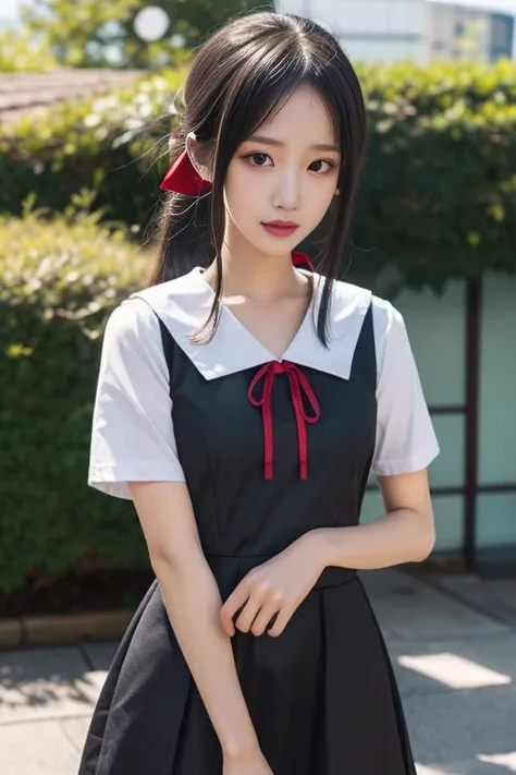 ultra-detailed,highly detailed,best quality,masterpiece,illustration,nsfw,
1girl, kaguya,shinomiya kaguya, cosplay,hair ribbon, folded hair,
shuuchiin academy school uniform,summer uniform,short sleeves, sailor collar,pinafore dress,
outdoors, 
<lora:kaguya_sum_v1_03:0.6>
