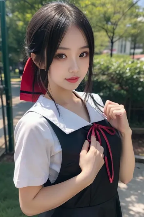 ultra-detailed,highly detailed,best quality,masterpiece,illustration,nsfw,
1girl, kaguya,shinomiya kaguya, cosplay,hair ribbon, folded hair,
shuuchiin academy school uniform,summer uniform,short sleeves, sailor collar,pinafore dress,
outdoors, 
<lora:kaguya_sum_v1_03:0.6>