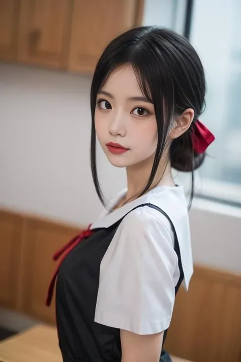 ultra-detailed,highly detailed,best quality,masterpiece,illustration,nsfw,
1girl, kaguya,shinomiya kaguya, cosplay,hair ribbon, folded hair,
shuuchiin academy school uniform,summer uniform,short sleeves, sailor collar,pinafore dress,
<lora:kaguya_sum_v1_03:0.6>