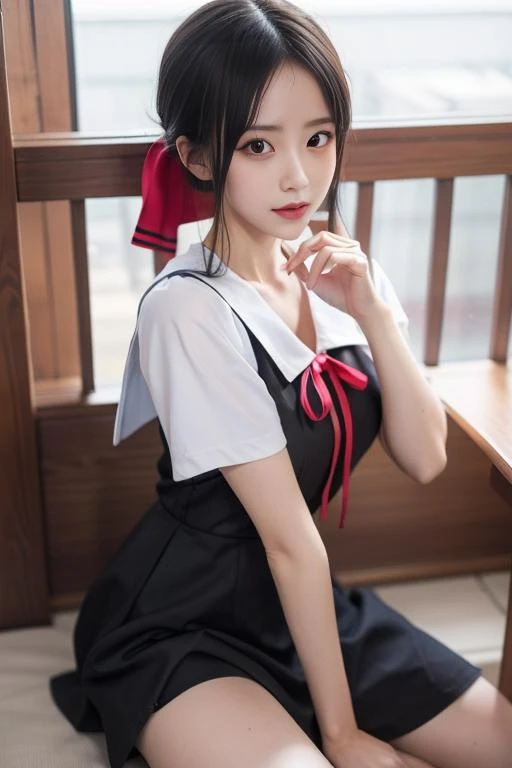 ultra-detailed,highly detailed,best quality,masterpiece,illustration,nsfw,
1girl, kaguya,shinomiya kaguya, cosplay,hair ribbon, folded hair,
shuuchiin academy school uniform,summer uniform,short sleeves, sailor collar,pinafore dress,
<lora:kaguya_sum_v1_03:0.6>