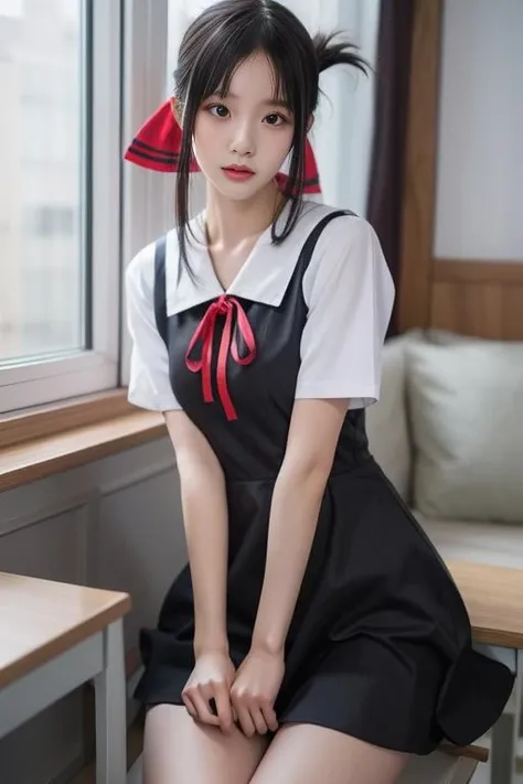 ultra-detailed,highly detailed,best quality,masterpiece,illustration,nsfw,
1girl, kaguya,shinomiya kaguya, cosplay,hair ribbon, folded hair,
shuuchiin academy school uniform,summer uniform,short sleeves, sailor collar,pinafore dress,
<lora:kaguya_sum_v1_03:0.6>