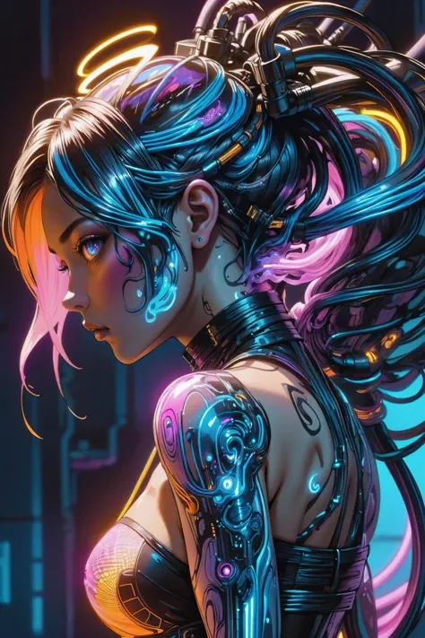 potrait of a cyberpunk city girl, swirling ink forming holograms, in the style of aaron horkey, neon lights, Neon Orange, Neon Blue, Neon Pink, (cables, implants, cyberware:1.3), <lora:CyberPunkAIp:0.8> cyberpukai <lora:EnvyInkSwirlXL01:1.2>, (masterpiece:1.2), best quality, (hyperdetailed, highest detailed:1.2), high resolution textures, <lora:EnvyBetterHiresFixXL01:1>