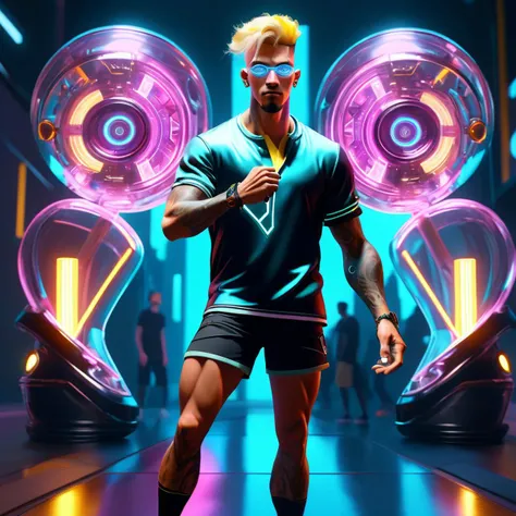 (masterpiece,best quality,absurdres ), 1man, muscular, detailed eyes, blue eyes, open jacket, running to camera, upper body, (fluorescent lamp),(colorful), ((abstract background)), --auto