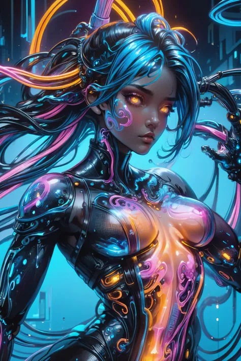 potrait of a cyberpunk city girl,( swirling ink forming holograms:1.2), in the style of aaron horkey, neon lights, Neon Orange, Neon Blue, Neon Pink, (cables, implants, cyberware:1.3), <lora:CyberPunkAIp:1> cyberpukai <lora:EnvyInkSwirlXL01:1.2>, (masterpiece:1.2), best quality, (hyperdetailed, highest detailed:1.2), high resolution textures, <lora:EnvyBetterHiresFixXL01:1>