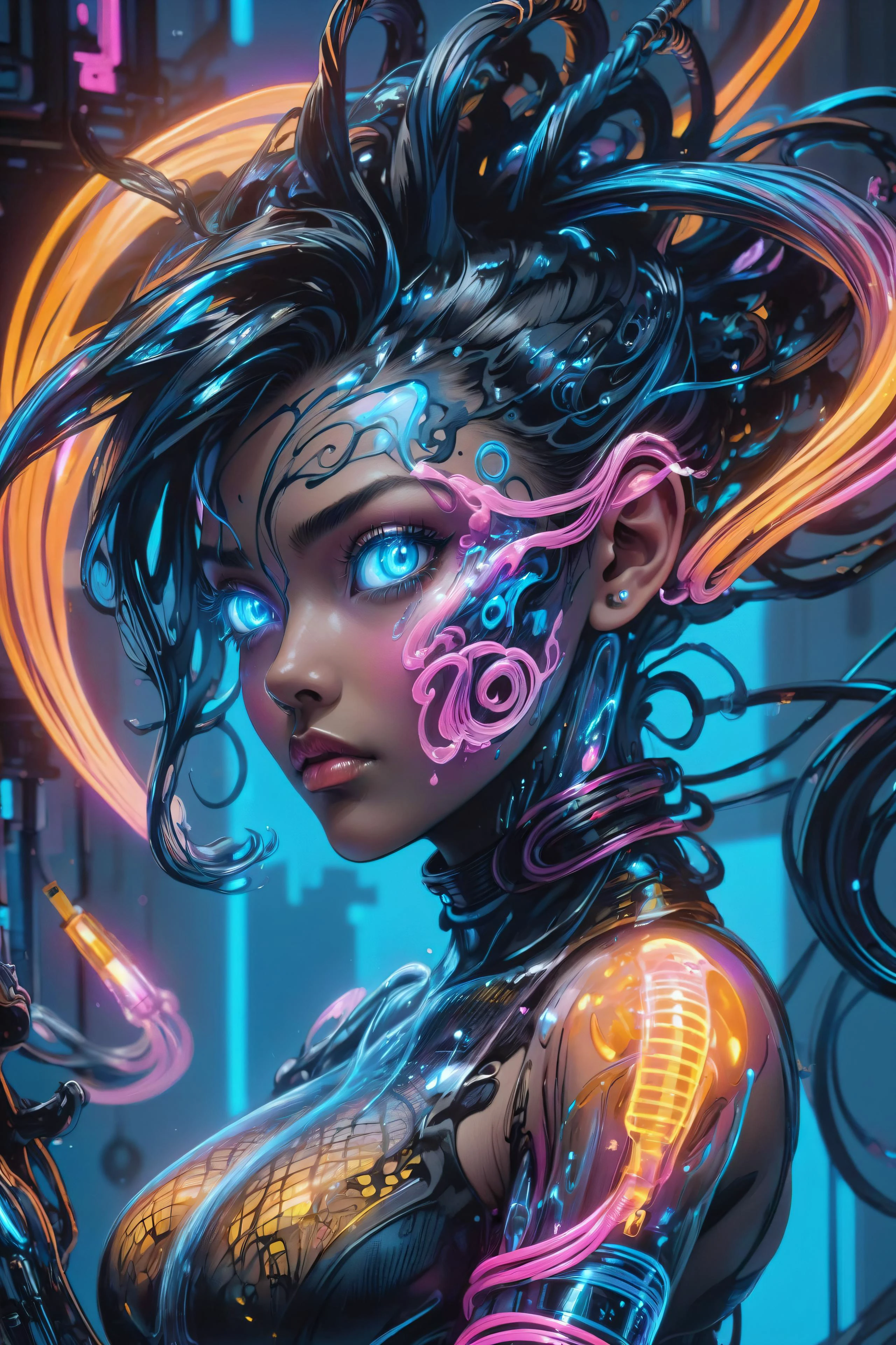 potrait of a cyberpunk city girl,( swirling ink forming holograms:1.2), in the style of aaron horkey, neon lights, Neon Orange, Neon Blue, Neon Pink, (cables, implants, cyberware:1.3), <lora:CyberPunkAIp:1> cyberpukai <lora:EnvyInkSwirlXL01:1.2>, (masterpiece:1.2), best quality, (hyperdetailed, highest detailed:1.2), high resolution textures, <lora:EnvyBetterHiresFixXL01:1>