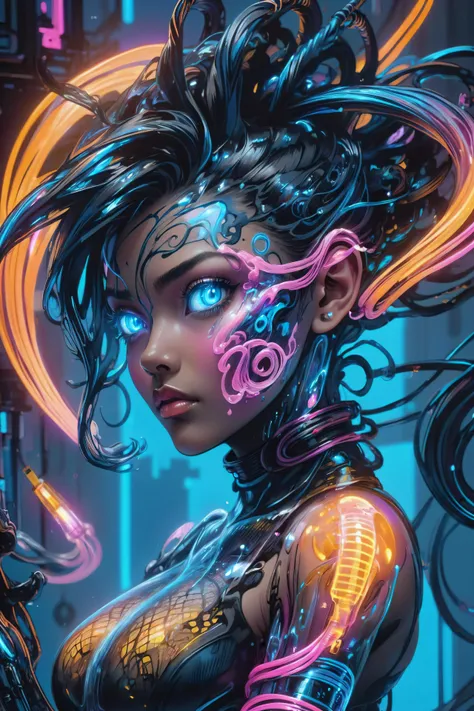 potrait of a cyberpunk city girl,( swirling ink forming holograms:1.2), in the style of aaron horkey, neon lights, Neon Orange, Neon Blue, Neon Pink, (cables, implants, cyberware:1.3), <lora:CyberPunkAIp:1> cyberpukai <lora:EnvyInkSwirlXL01:1.2>, (masterpiece:1.2), best quality, (hyperdetailed, highest detailed:1.2), high resolution textures, <lora:EnvyBetterHiresFixXL01:1>