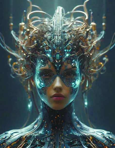 cyberpunk queen,symmetrical face,symmetrical body,flowing hair with computer circuits,portrait,muted colors,character concept,border and embellishments inspiried,fractals,galaxy cyberpukai <lora:CyberPunkAIp:0.8>,fractalvines <lora:Fractal_Vines:0.7>,circuitboard <lora:Dark_Futuristic_Circuit_Boards:0.6>,by diegocr,teslapunkai <lora:TeslaPunkAIv2p:0.5>