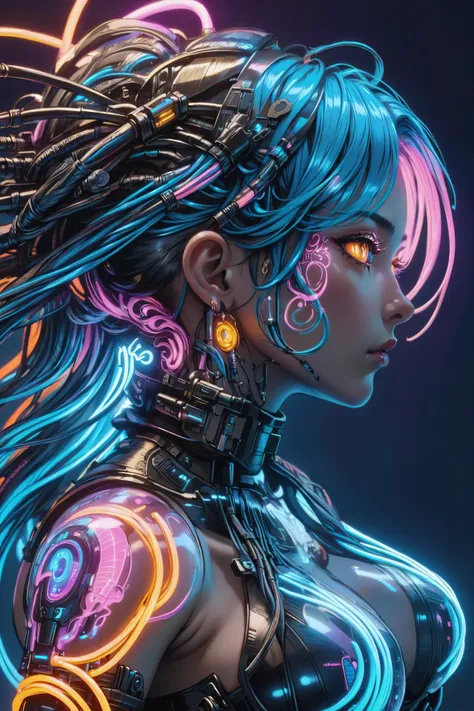 profile of a cyberpunk city girl, swirling ink forming holograms, in the style of aaron horkey, neon lights, Neon Orange, Neon Blue, Neon Pink, (cables, implants, cyberware:1.3), <lora:CyberPunkAIp:0.8> cyberpukai <lora:EnvyInkSwirlXL01:1>, (masterpiece:1.2), best quality, (hyperdetailed, highest detailed:1.2), high resolution textures, <lora:EnvyBetterHiresFixXL01:1>