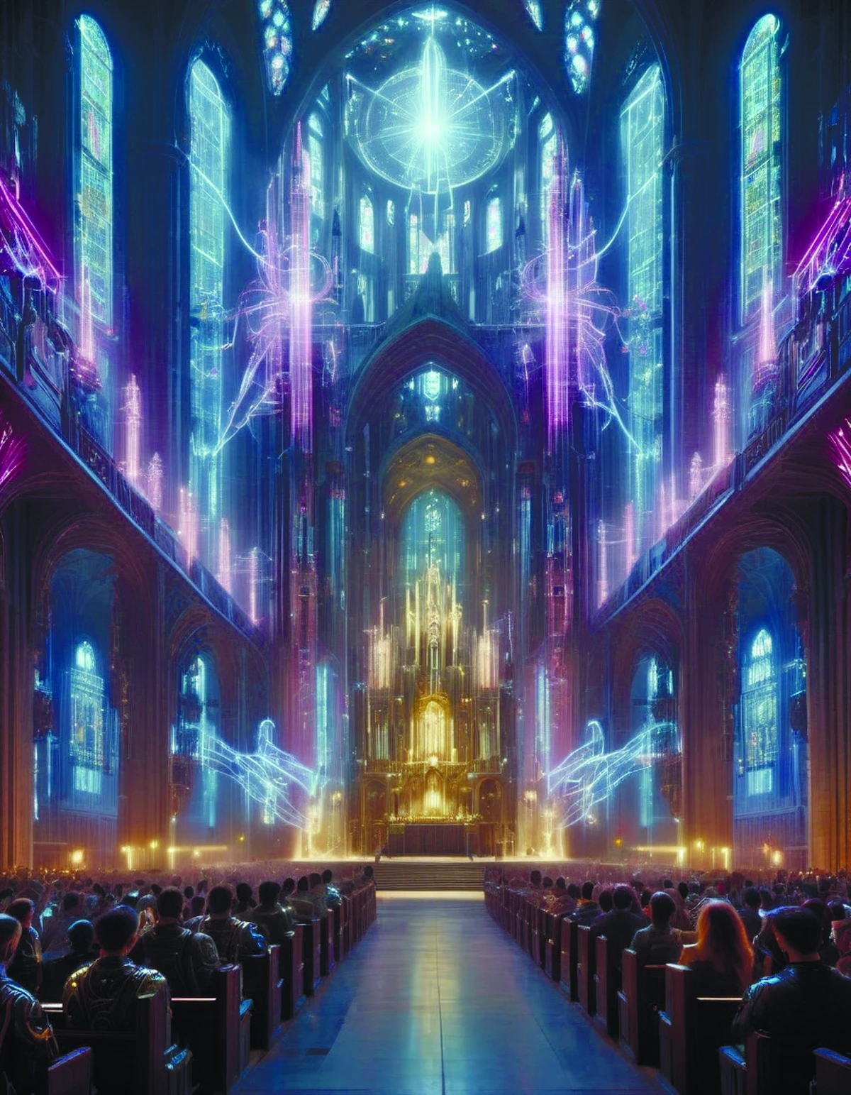 a crowd of cyborgs praying to a bio - mechanical eldritch god inside a cathedral,futuristic,gothic,cyberpunk,lovecraftian,neon colors,geometric patterns,expressionist cyberpukai <lora:CyberPunkAIp:0.8> cyborg style <lora:cyborg_style_xl-alpha:0.7> future city,science fiction <lora:Future_Citys_xl-000012:0.6> teslapunkai <lora:TeslaPunkAIv2p:0.5> star citizen,100i,galaxy,aurora <lora:starcitizen:0.4> c1bo <lora:just_another_Cyborg_LoRa_SDXL-000009:0.3>