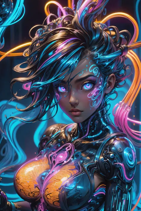 potrait of a cyberpunk city girl,( swirling ink forming holograms:1.2), in the style of aaron horkey, neon lights, Neon Orange, Neon Blue, Neon Pink, (cables, implants, cyberware:1.3), <lora:CyberPunkAIp:1> cyberpukai <lora:EnvyInkSwirlXL01:1.2>, (masterpiece:1.2), best quality, (hyperdetailed, highest detailed:1.2), high resolution textures, <lora:EnvyBetterHiresFixXL01:1>