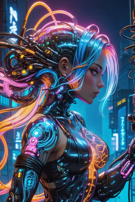 profile of a cyberpunk city girl, swirling ink forming holograms, in the style of aaron horkey, neon lights, Neon Orange, Neon Blue, Neon Pink, (cables, implants, cyberware:1.3), <lora:CyberPunkAIp:0.8> cyberpukai <lora:EnvyInkSwirlXL01:1>, (masterpiece:1.2), best quality, (hyperdetailed, highest detailed:1.2), high resolution textures, <lora:EnvyBetterHiresFixXL01:1>