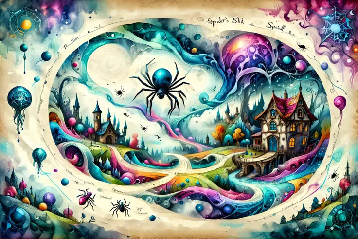 <lora:xl_more_art-full_v1:0.7> detailed digital illustration of a place where Spider's silk weaves dreams into reality, <lora:ParchartXL-1.5:0.7> on parchment, ink illustration, <lora:ral-colorswirl:0.7> ral-colorswirl, <lora:CyberPunkAIp:0.7> cyberpunkai