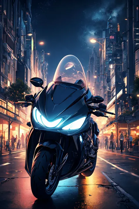 ((masterpiece)), (best quality), official art, extremely detailed CG, unity 8k wallpaper, ultra detailed, detailed background, vivid color, photorealistic, landscape, wide shot, 1girl,
a motorcycle parked in front of a building at night,
<lora:Science and technology:0.8>