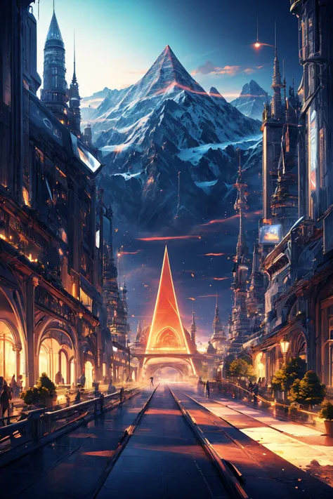 ((masterpiece)), (best quality), official art, extremely detailed CG, unity 8k wallpaper, ultra detailed, detailed background, vivid color, photorealistic, landscape, wide shot, 1girl,
a frozen mountain with a pyramid in the middle,
<lora:Science and technology:0.8>