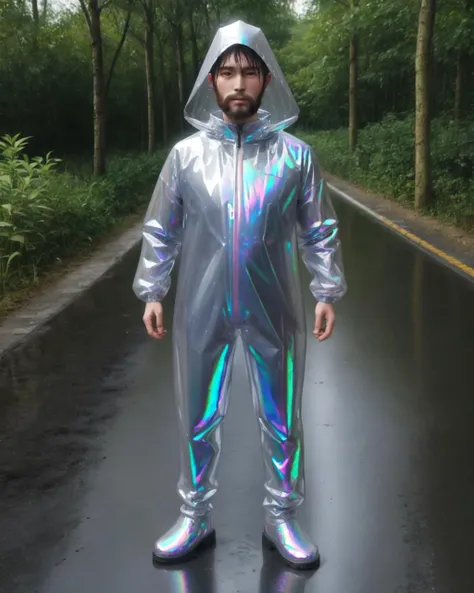 <lora:raincoat_v1:0.5>, raincoat, shimmering, iridescent, beard man, road, full body, standing