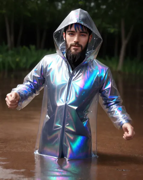 <lora:raincoat_v1:0.5>, raincoat, shimmering, iridescent, beard man