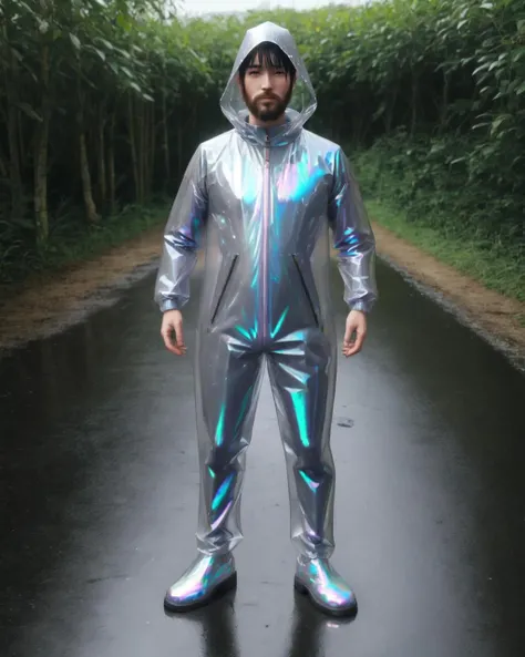 <lora:raincoat_v1:0.5>, raincoat, shimmering, iridescent, beard man, road, full body, standing