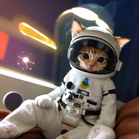 A baby cat in his space suit is crash landing in Taipei from spaces in the night, 1 cat