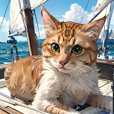 <lora:twcat:0.8>, TWcat, on a sailboat || masterpiece, perfect quality, sharp focus, shallow depth of field, 8k