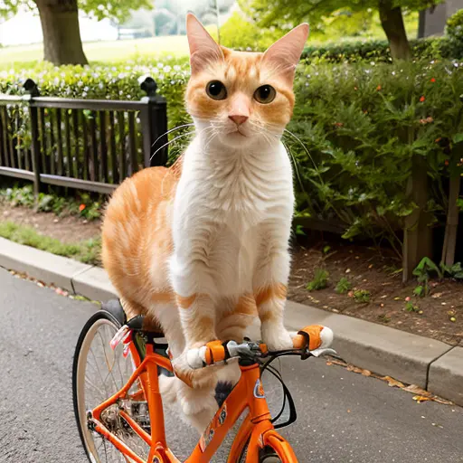 (photorealistic:1.4), (masterpiece:1.3), (intricate details:1.2), A charming orange and white domestic shorthair cat wearing a helmet and riding a bicycle, outdoors, <lora:TWcat:0.75>