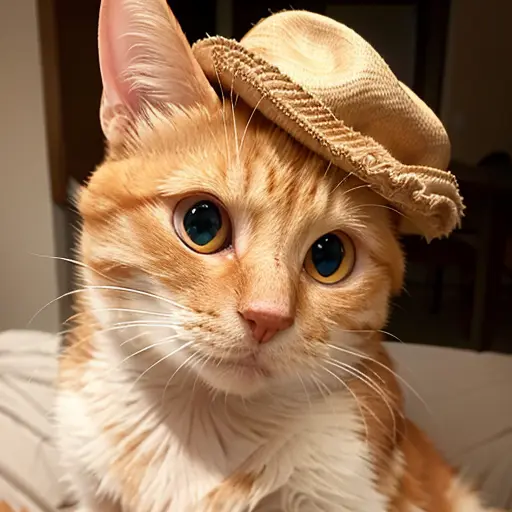 (photorealistic:1.4), (masterpiece:1.3), (intricate details:1.2), A charming orange and white domestic shorthair cat wearing a hat <lora:TWcat:0.75>