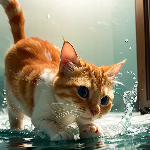 (photorealistic:1.4), (masterpiece:1.3), (intricate details:1.2), an underwater photograph of a charming orange and white domestic shorthair cat diving into the ocean, captured in a high-speed shot that freezes the moment she breaks the surface. The scene is bathed in natural light, with intricate bubbles and ripples forming around. <lora:TWcat:0.75>