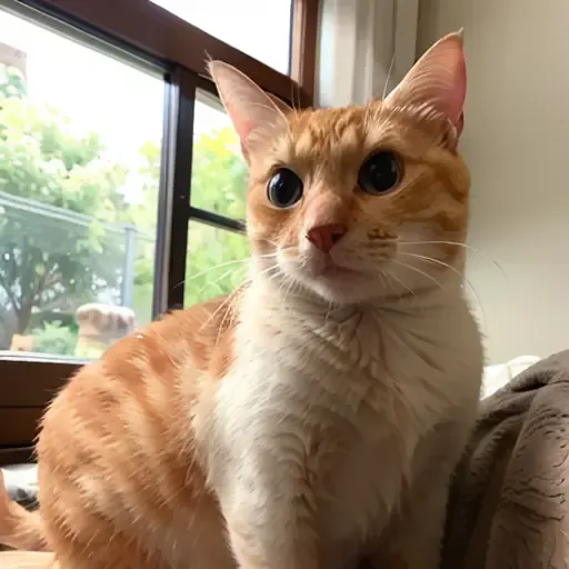 (photorealistic:1.4), (masterpiece:1.3), (intricate details:1.2), A charming orange and white domestic shorthair cat, with soft and fluffy fur, lying on a plush and cozy bed, gazing out of the window with a curious and inquisitive expression, as if captivated by the outside world. The sun shines brightly through the window, casting a warm and golden glow over the cat's fur and creating a bright and cheerful backdrop. The cat's bright orange coat is mixed with white on its belly, and its eyes are big and round with pupil dilated a striking black color that shines in the light and yellow color around its pupils. The scene exudes a sense of calmness and serenity, with the cat appearing content and relaxed in its comfortable surroundings. <lora:TWcat:0.75>