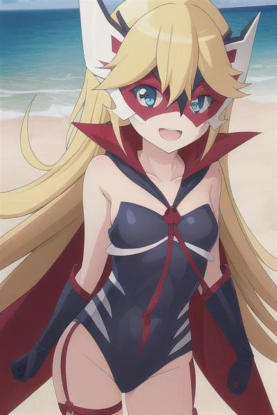 masterpiece, best quality, <lora:leopard-08:0.8>, blond hair, long hair, blue eyes, leotard, solo, small breasts, smile, beach, standing, leg belts, open mouth, OverallDetail , ahoge, red cape, mask