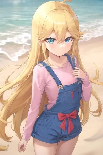 masterpiece, best quality, <lora:leopard-08:0.8>, blond hair, long hair, blue eyes, soft blue short overalls, solo, small breasts, beach, OverallDetail, ahoge, sexy thighs, standing, pink shirt