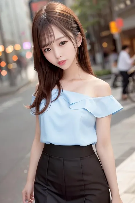 (skin blemish:0.8), (skindentation), black eye, 1woman, 25yo, (((woman))), solo, realistic, best quality, photorealistic, masterpiece, 8k, high res, solo, extremely detailed face, (professional lighting, bokeh), (light particles, lens flare, glowing particles:0.6), (dynamic pose:1.2), soft lighting, top angle view, fashionable and trendy atmosphere, China, Shanghai, street, city, park, shop, river, ((daytime)), sky, windy, ((looking at the viewer:1)), (looking at the camera),(portrait:0.6), cowboy shot, gorgeous, standing, hands down, keep original facial proportion, wide shoulder, full body, (small breast), (medium hair), brown hair, floating hair, lips, lipstick, smile, floating hair, smile, open_mouth, teeth, office suit, uniform, shirt, (short sleeves blouse:1), long skirt, eyelashes, mole, (mole under eye:1),    <lora:arair:0.8>