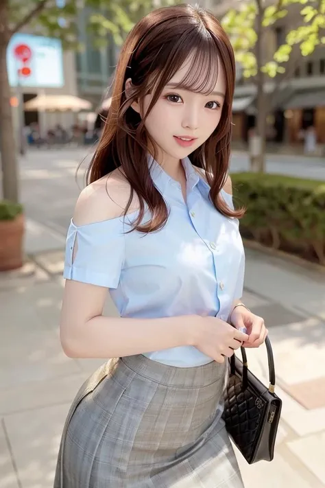 (skin blemish:0.8), (skindentation), black eye, 1woman, 25yo, (((woman))), solo, realistic, best quality, photorealistic, masterpiece, 8k, high res, solo, extremely detailed face, (professional lighting, bokeh), (light particles, lens flare, glowing particles:0.6), (dynamic pose:1.2), soft lighting, top angle view, fashionable and trendy atmosphere, China, Shanghai, street, city, park, shop, river, ((daytime)), sky, windy, ((looking at the viewer:1)), (looking at the camera),(portrait:0.6), cowboy shot, gorgeous, standing, hands down, keep original facial proportion, wide shoulder, full body, (small breast), (medium hair), brown hair, floating hair, lips, lipstick, smile, floating hair, smile, open_mouth, teeth, office suit, uniform, shirt, (short sleeves blouse:1), long skirt, eyelashes, mole, (mole under eye:1),    <lora:arair:0.8>