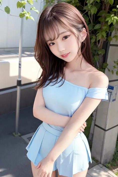 (skin blemish:0.8), (skindentation), black eye, 1woman, 25yo, (((woman))), solo, realistic, best quality, photorealistic, masterpiece, 8k, high res, solo, extremely detailed face, (professional lighting, bokeh), (light particles, lens flare, glowing particles:0.6), (dynamic pose:1.2), soft lighting, top angle view, fashionable and trendy atmosphere, Japan, Tokyo, street, city, park, shop, river, ((daytime)), sky, windy, ((looking at the viewer:1)), (looking at the camera),(portrait:0.6), cowboy shot, gorgeous, standing, hands down, keep original facial proportion, wide shoulder, full body, (small breast), (medium hair), brown hair, floating hair, lips, lipstick, smile, floating hair, smile, open_mouth, teeth, office suit, office wear, uniform, (short sleeves shirt), T shirt, high neck, (short sleeves blouse:1), long skirt, eyelashes, mole, (mole under eye:1),   <lora:arair:0.8>