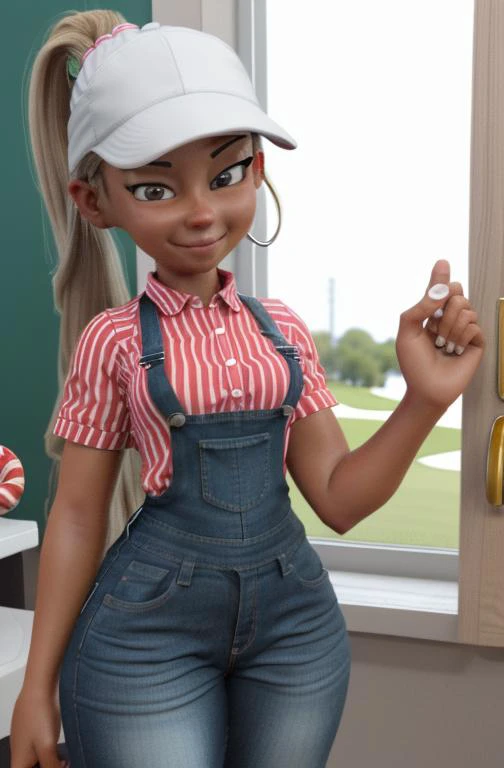 cartoon girl,3D render, iray <lora:Chantel3D-000006:0.35> chantel3D,
at a candy stor with gumballs, apron, collared shirt, jeans, name tag badge, visor cap, ponytail, friendly smile
at a golf country clubstore, working