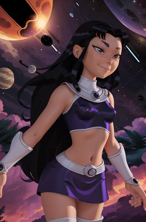 cartoon girl,
floating in outer space, stars and planets,
<lora:blackfire-10:0.6> blackfire, armor, outfit