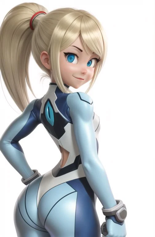 cartoon girl,  smiling shyly, white background, 80's style,
 <lora:zeroSuitSamus_v1:0.7> zerosuitsamus, blue zro suit, adult, 30s