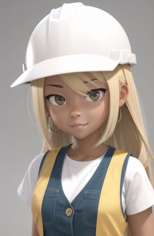 cartoon style, female, white background, construction worker with helmet and vest, brown skin, blonde hair, pink lips