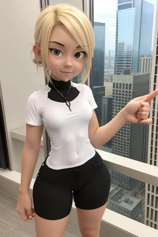 1girl, standing on a skyscraper,
<lora:GameGirl:0.25> blonde hair, cartoon girl, facing viewer, selfie