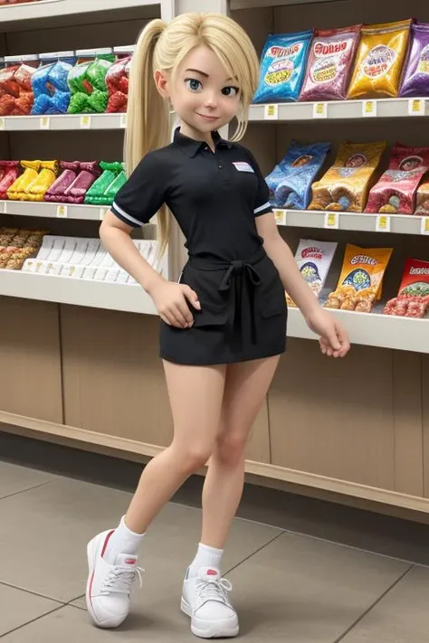 1girl, <lora:GameGirl:0.25> blonde hair, cartoon girl,
as a store clerk at a gas station, selling candy products, polo shirt and apron, jordan 11 shoes, pale skin