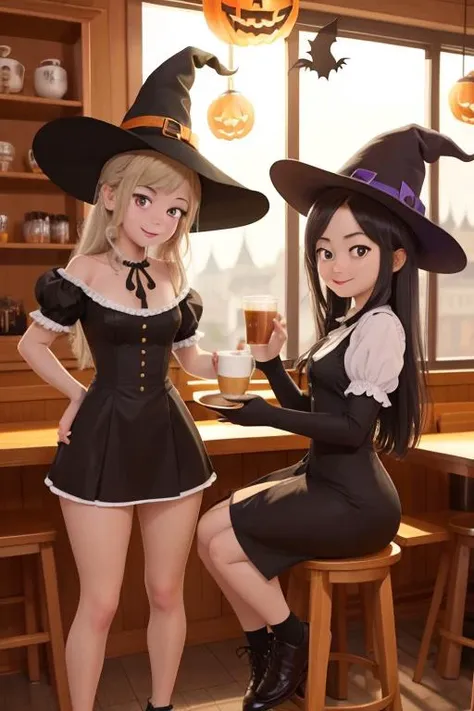 2girls, at a cafe, cartoon. colorful, wearing witch costumes, halloween