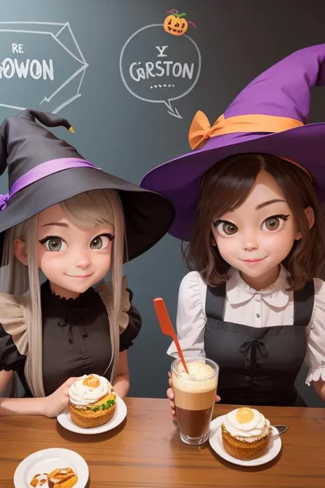 2girls, at a cafe, cartoon. colorful, wearing witch costumes, halloween