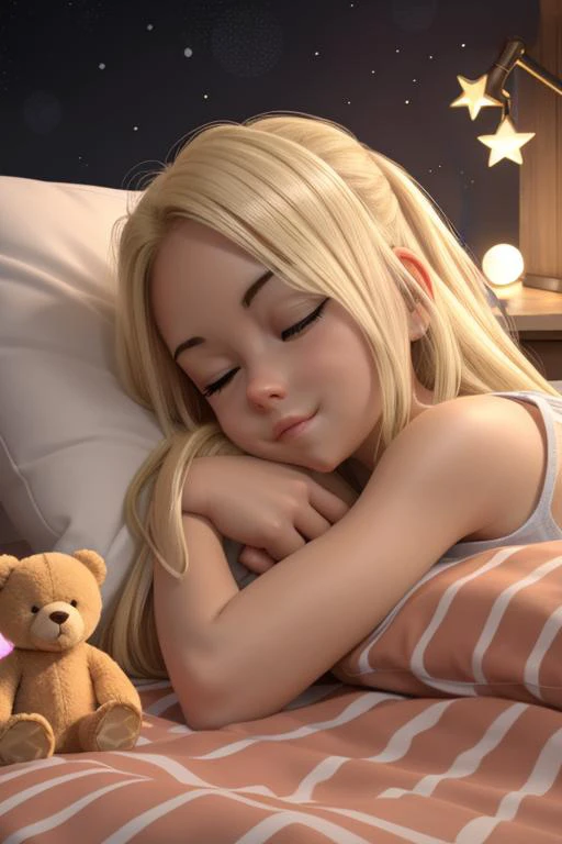 1girl, <lora:GameGirl:0.25> blonde hair, cartoon girl,
laying in bed with a blanket with a star pattern, head against a pillow, peaceful expression, eyes closed, night light, lava lamp, teddy bear